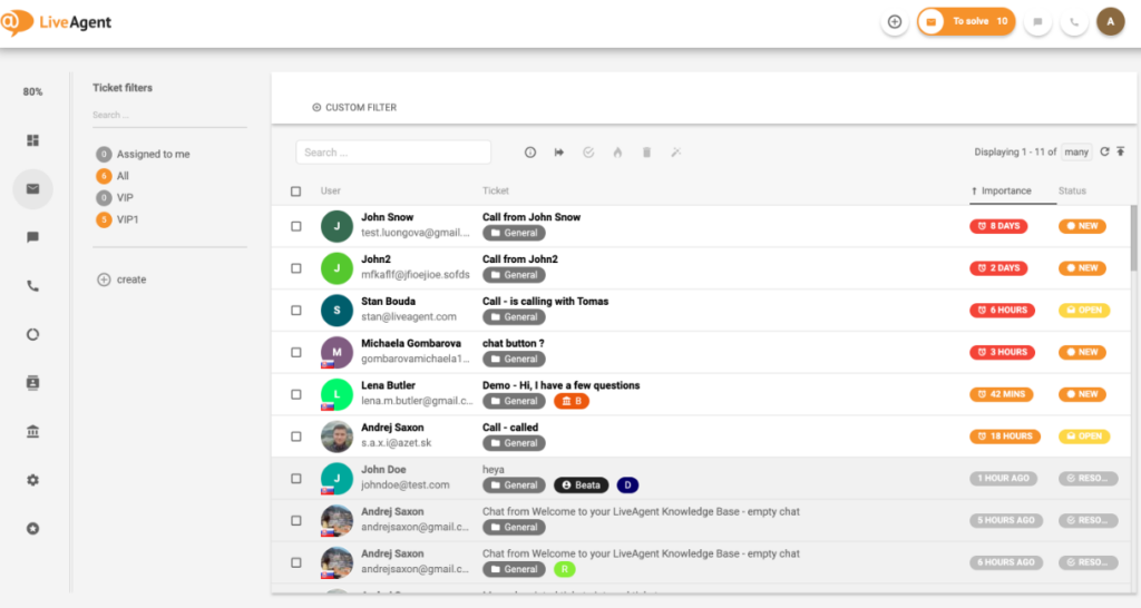 LiveAgent customer filter screenshot