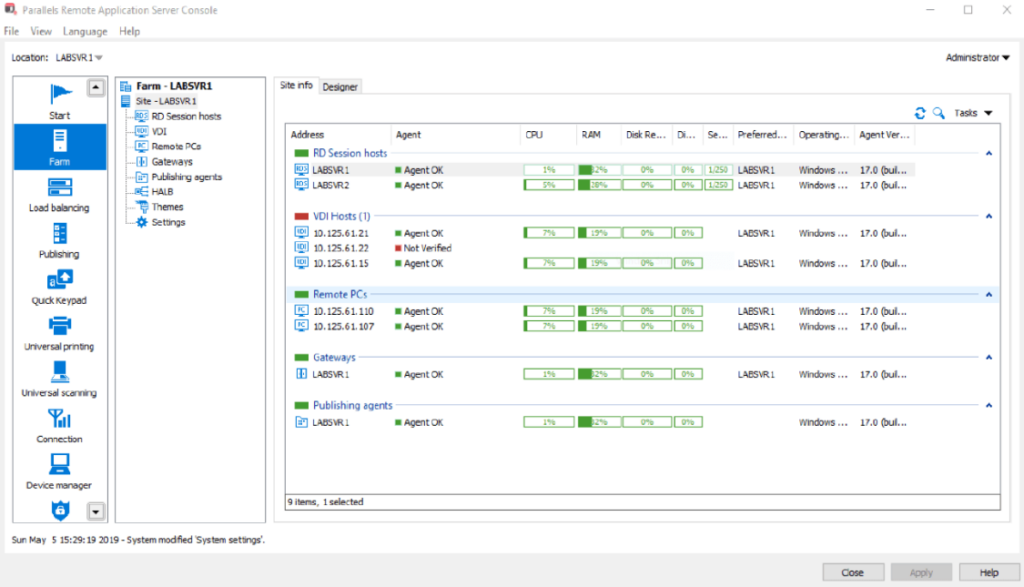 Parallels remote application server console
