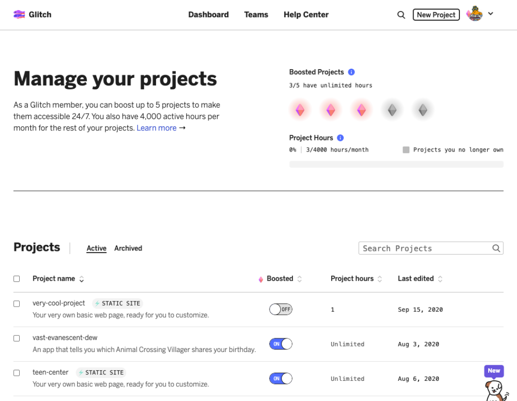 A photo of the main page for the tool Glitch.