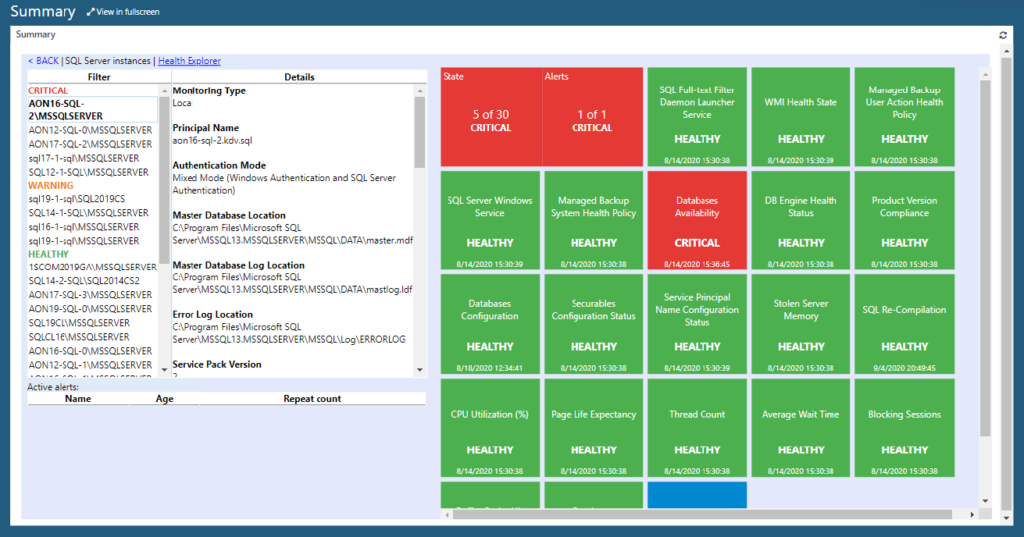 A screenshot highlighting the summary tab of Microsoft SQL. 