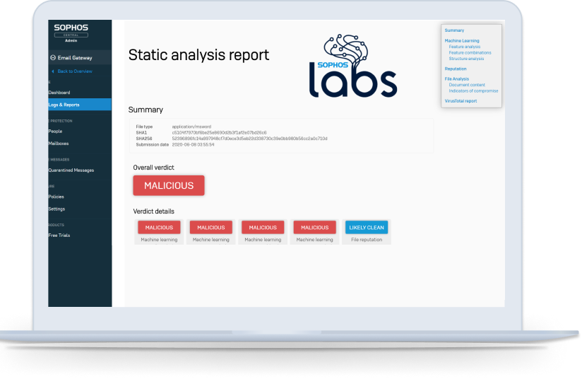 A photo of the static analysis report feature of the tool Sophos Email Security.