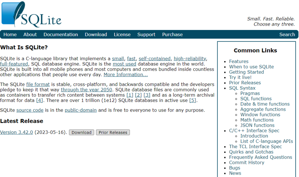 A screenshot of the website made for the tool SQLite. 