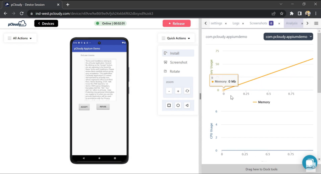pCloudy mobile app testing software interface