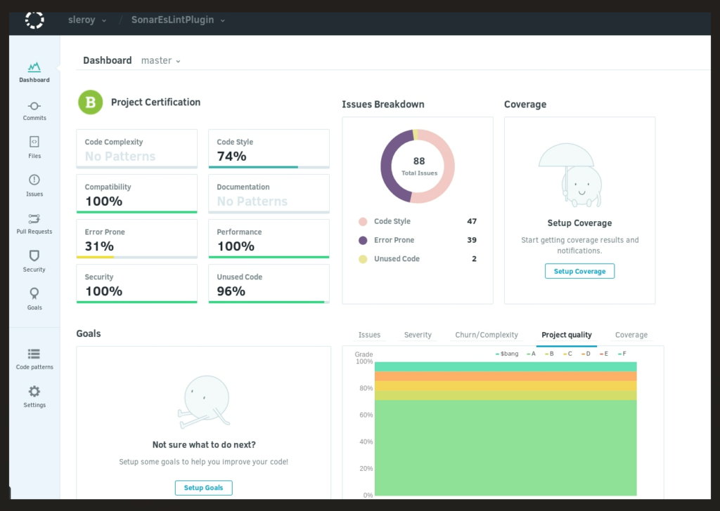 Codacy dashboard static code analysis tool for Java interface