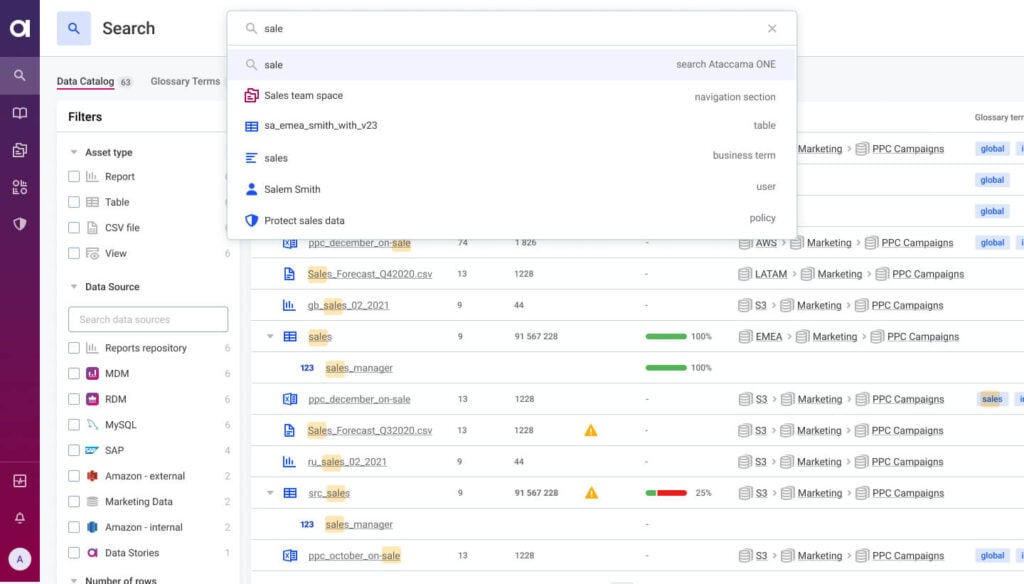 Ataccama review screenshot showing data catalog.