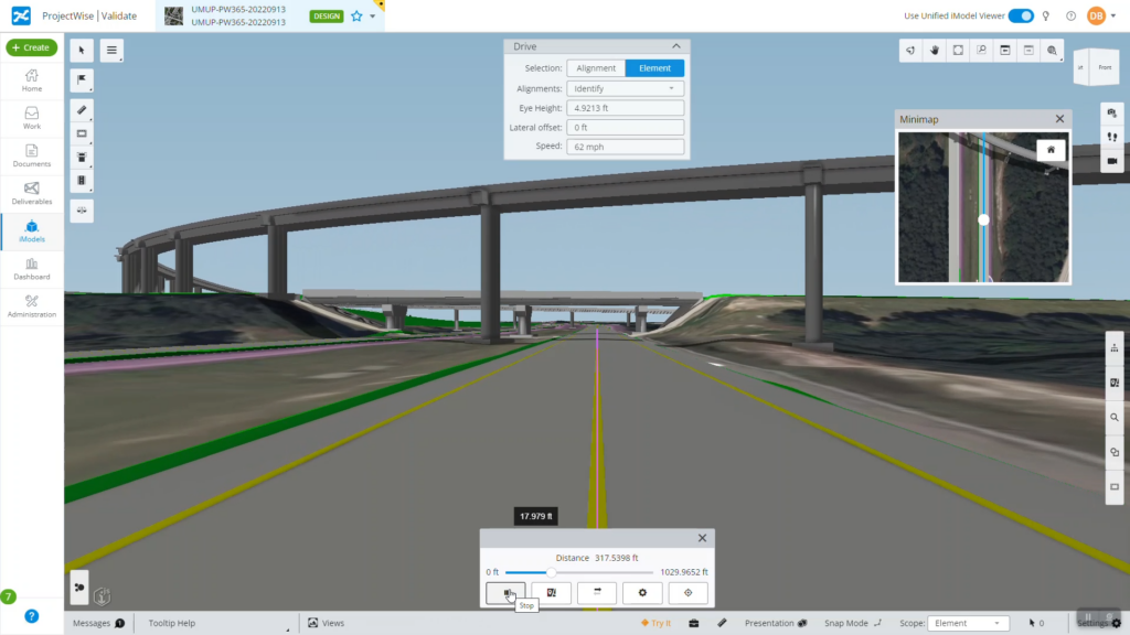 A screenshot of the transportation digital twin feature of the tool Bentley iTwin.