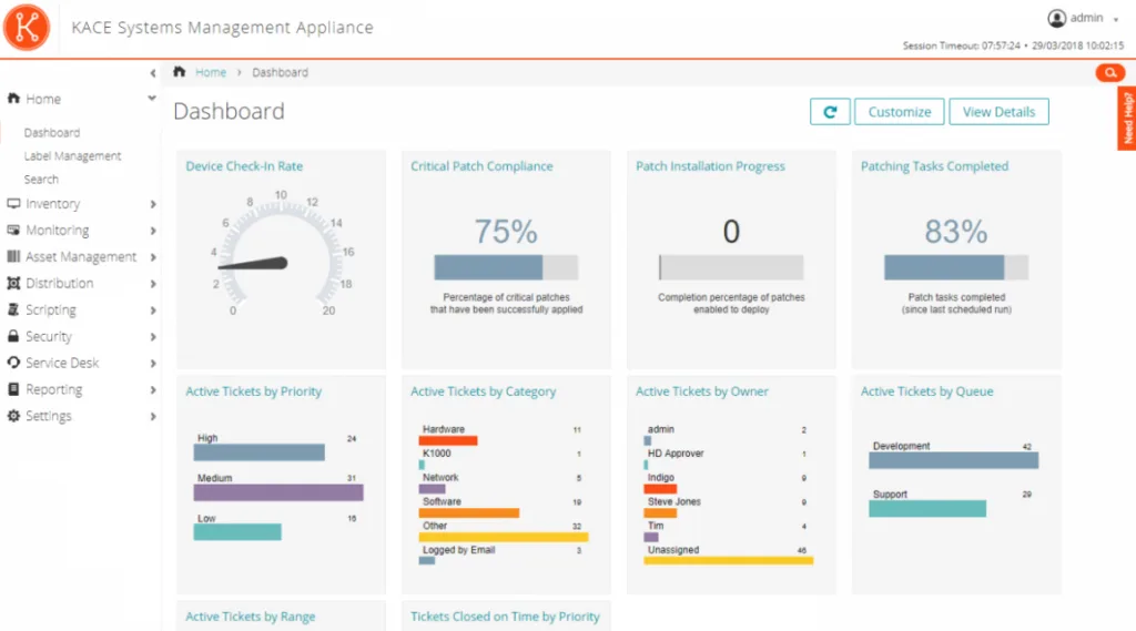 Quest KACE dashboard showing a multi-platform endpoint and asset management solution