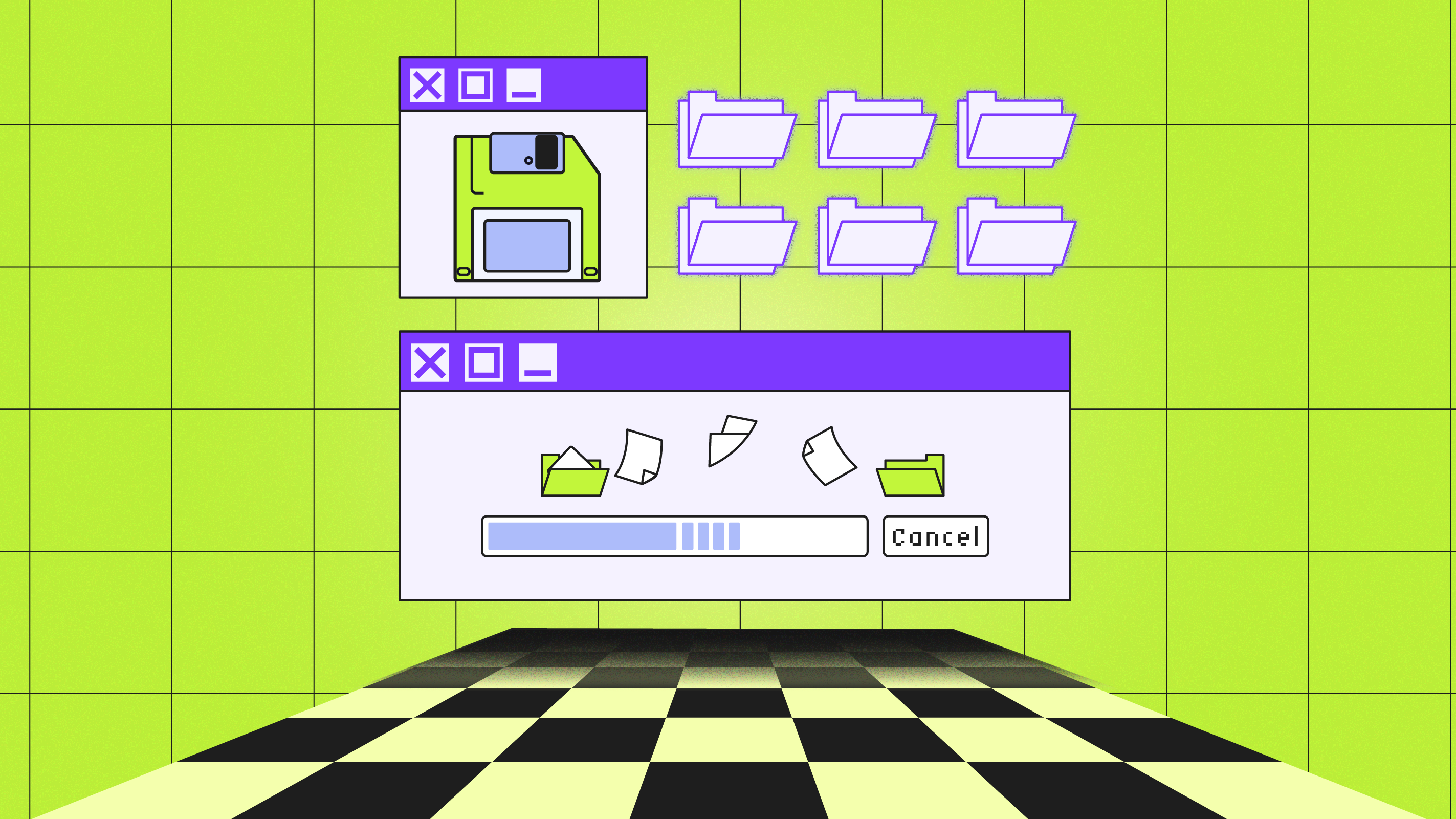 A computer screen displaying a green background against a checkered floor, representing IT asset lifecycle management.
