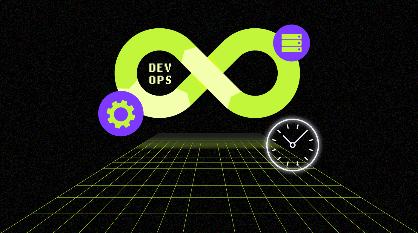 A clock and the infinite symbol on a black background, representing the concept of timelessness. devops culture featured image