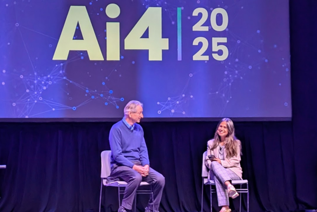 Geoffrey Hinton and Shireen Ghaffary on stage at Ai4 2025 during a live discussion