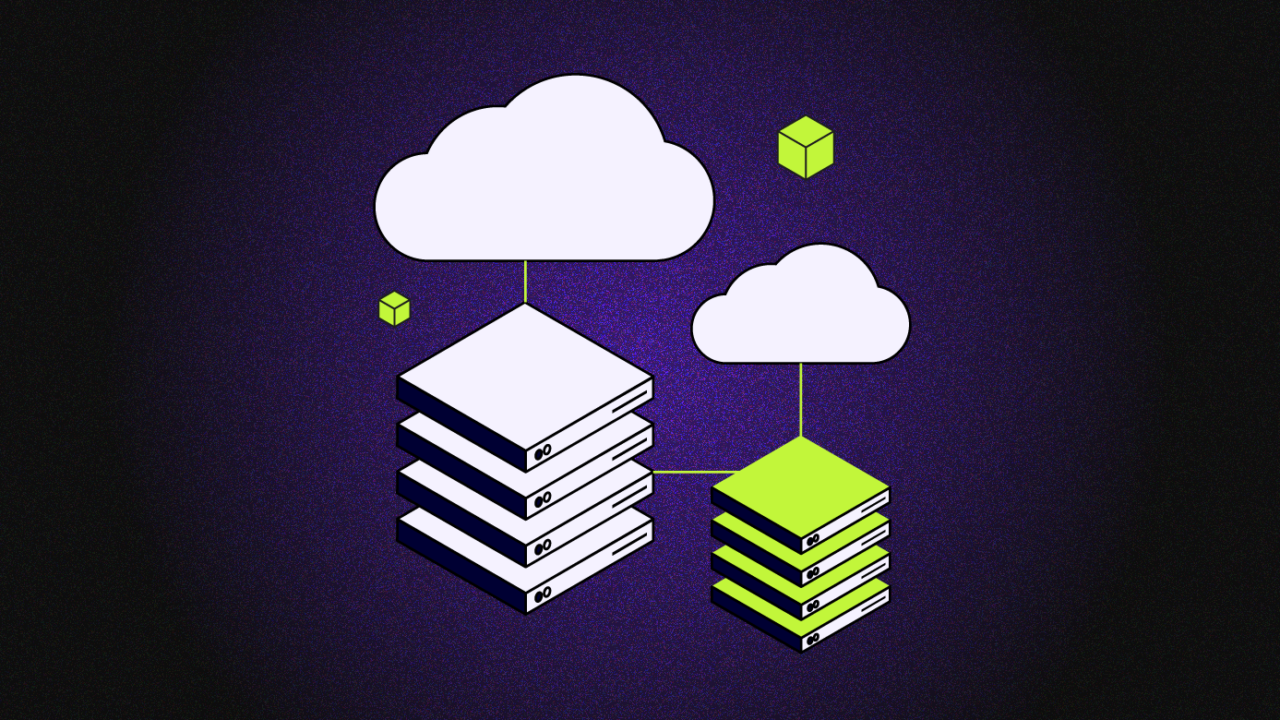 A cloud with two stacks of computers on it, representing the integration of cloud computing and data storage. Multi cloud vs hybrid cloud featured image