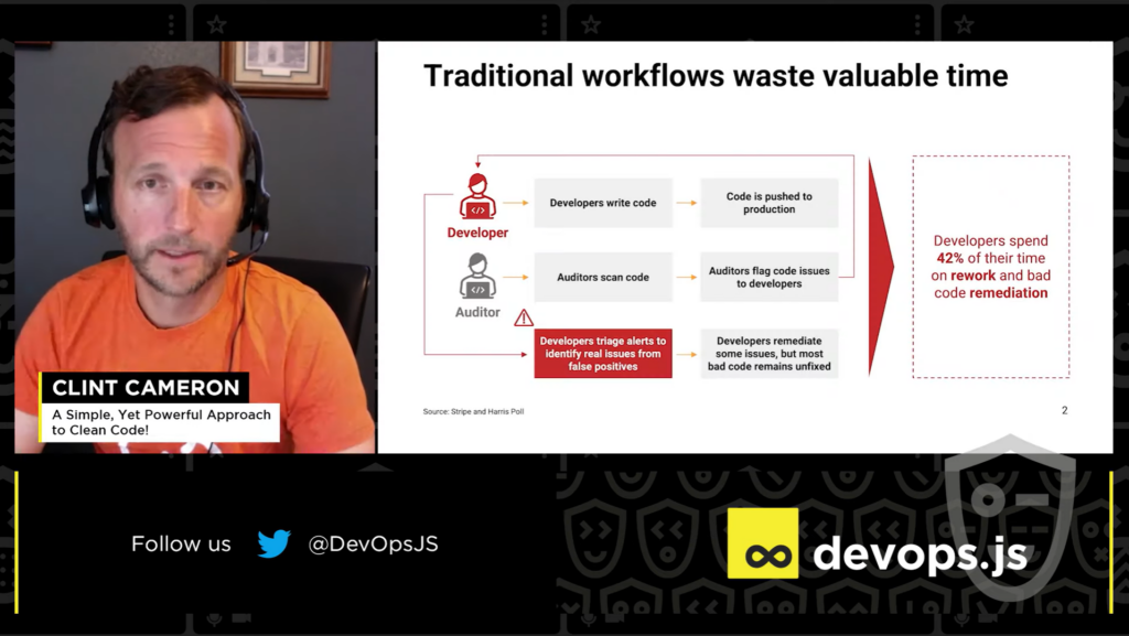 Clint Cameron demonstrating an approach to Clean Code in DevOps.js remote conference