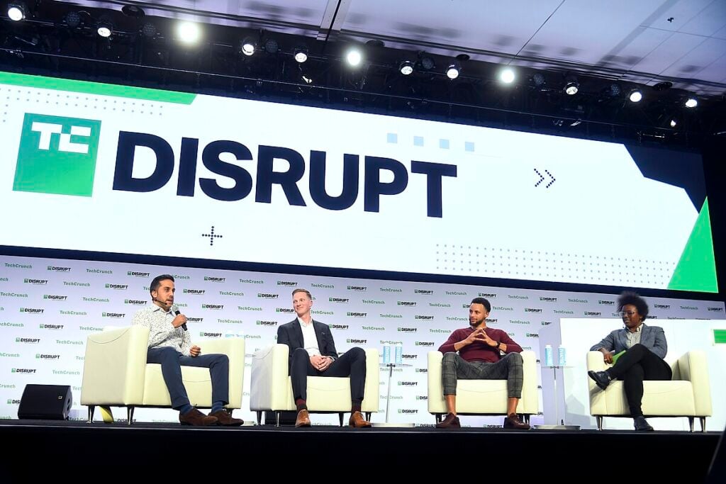 Hussein Fazal, Bryant Barr, Stephen Curry, and Megan Rose Dickey at the TechCrunch Disrupt San Francisco 2019