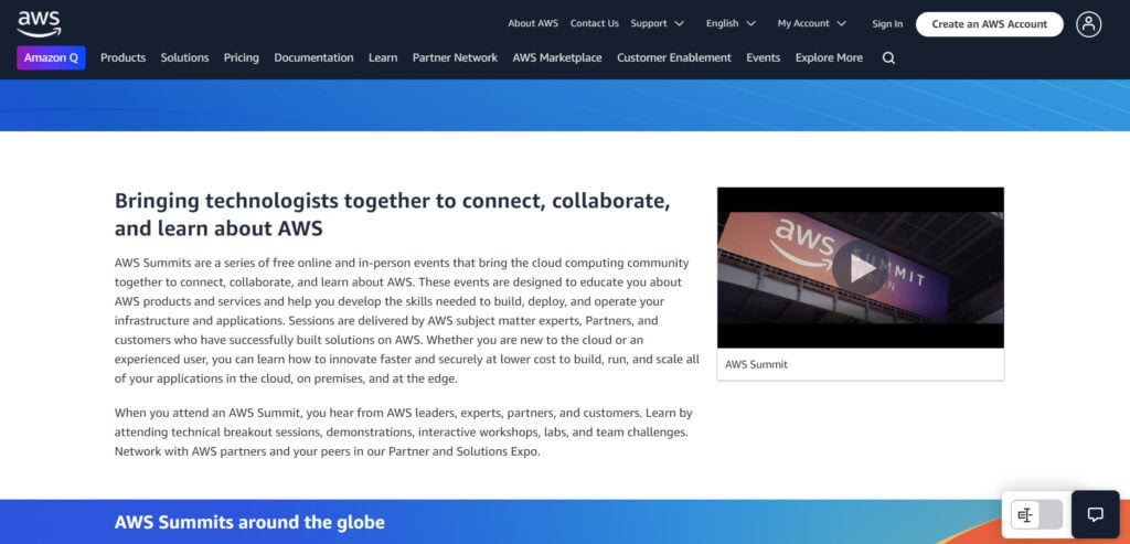 AWS Summit landing page screenshot
