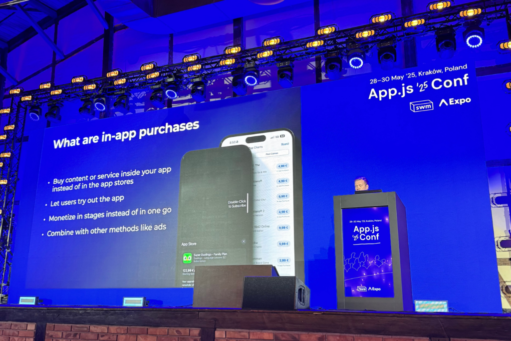Perttu Lähteenlahti, Senior Developer Advocate at RevenueCat, presenting at the App.js Conf 2025