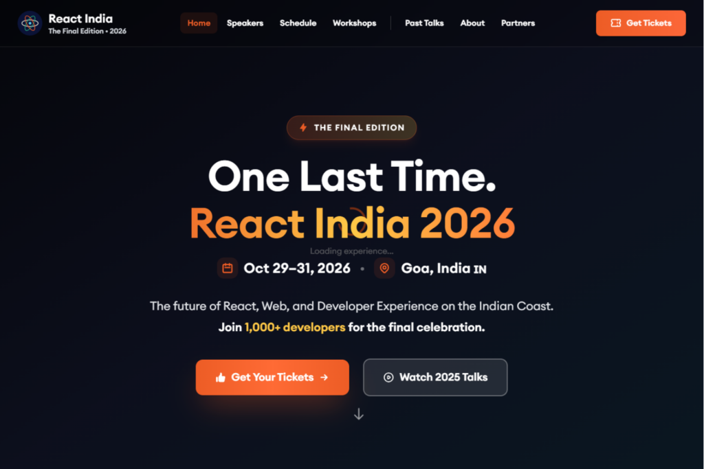 Homepage of the React India The Final Edition 2026