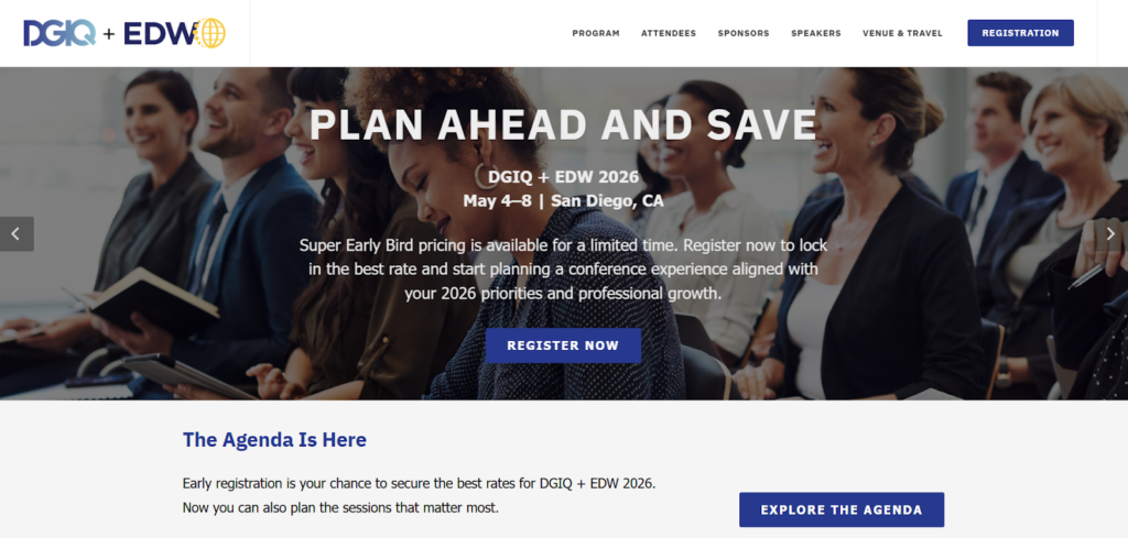 Screenshot of the DGIQ + EDW 2026 conference web page