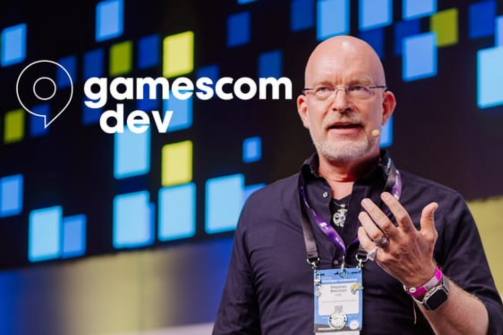 Speaker presenting at gamescom dev conference