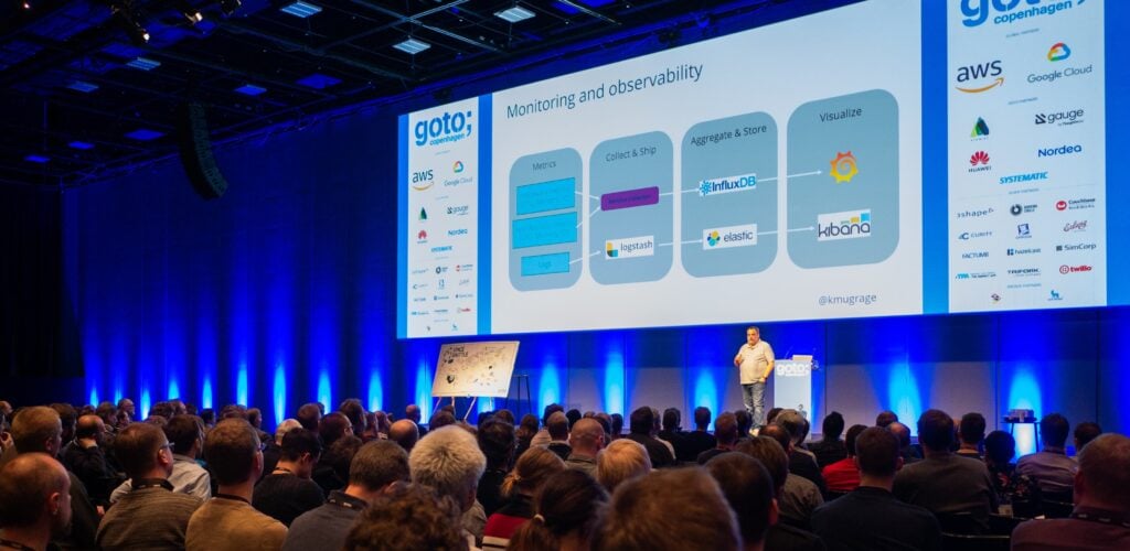 Speaker presenting a software engineering session to a large audience at GOTO Copenhagen