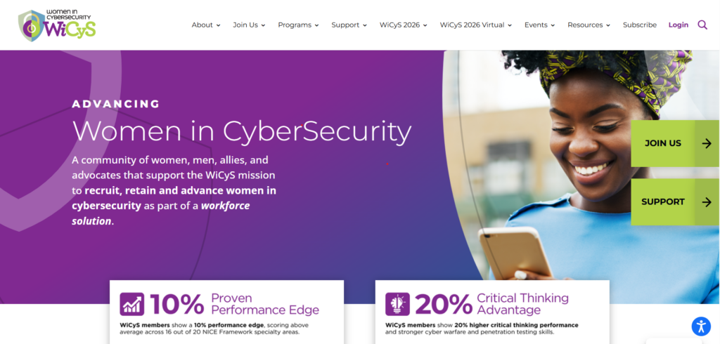 The landing page of the WiCyS 2026 conference