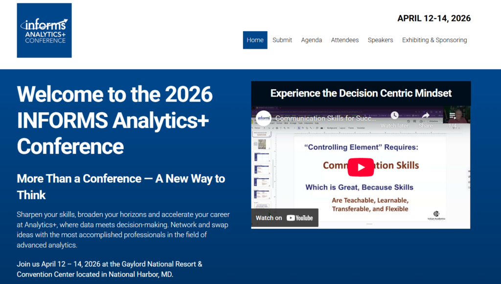 Screenshot of the 2026 INFORMS Analytics+ Conference home page