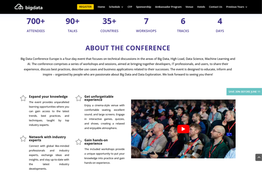 Big Data Conference Europe, showcasing key event statistics, learning opportunities, and an audience engaged in conference sessions