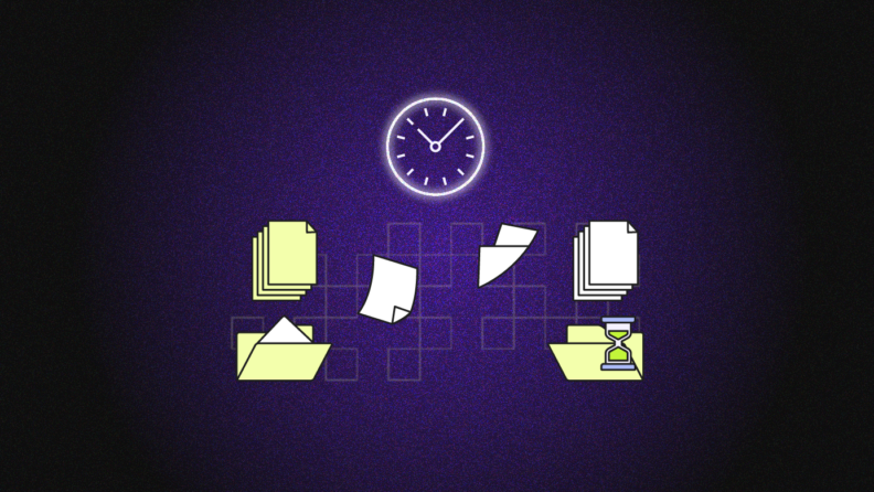 purple background with an image of 2 folders and sheets of paper flying out of one folder and onto a pile of other pages. There is also a folder with an hourglass on top