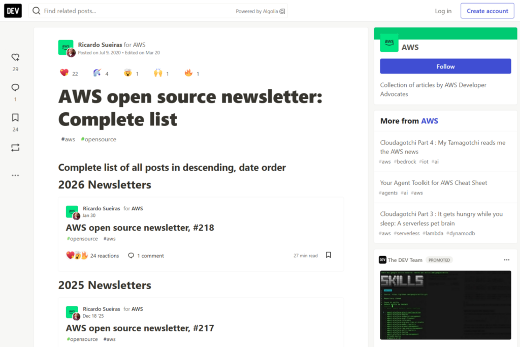 AWS Open Source Newsletter page listing recent newsletter editions and archives