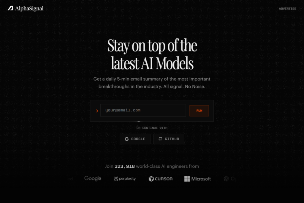 AlphaSignal newsletter signup page highlighting a daily AI summary subscription