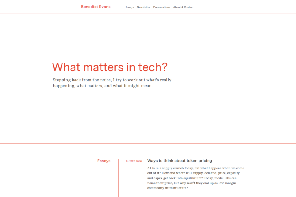 Website von Benedict Evans mit Technologie-Essays und Newsletter-Abonnement