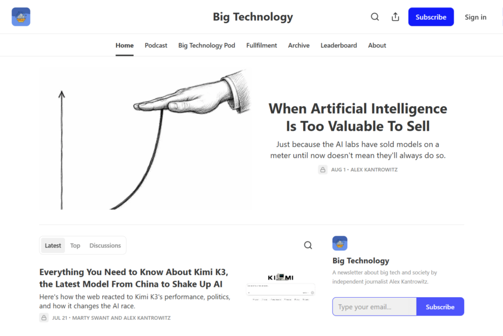Big Technology-Startseite mit KI-Artikeln und Newsletter-Anmeldung
