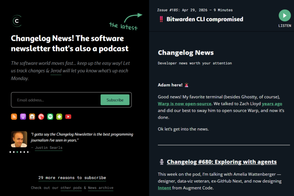 Changelog News signup page and newsletter preview with developer news highlights