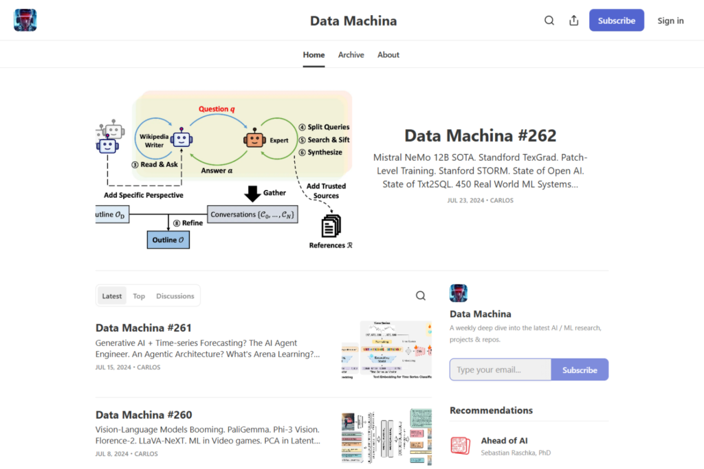 Data Machina newsletter homepage with featured AI research articles and subscription form