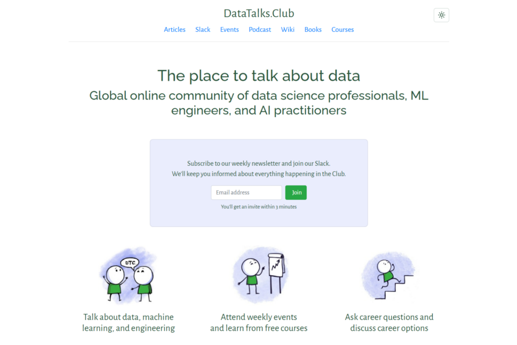 DataTalks.Club homepage with newsletter signup and community resources