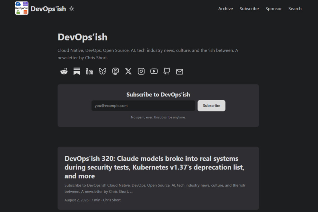 DevOps'ish homepage with newsletter signup and the latest featured edition