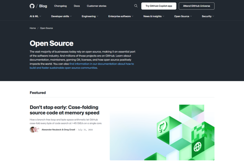 GitHub Open Source blog page featuring articles about open source development