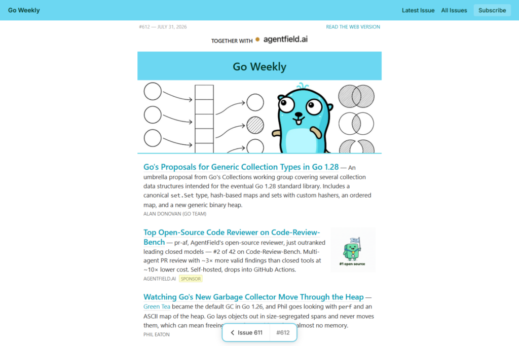 Go Weekly issue highlighting Go 1.28 collection proposals and developer articles
