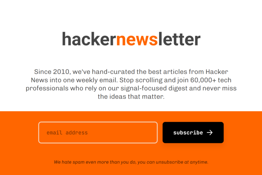 Hacker Newsletter signup page promoting a weekly digest of Hacker News articles