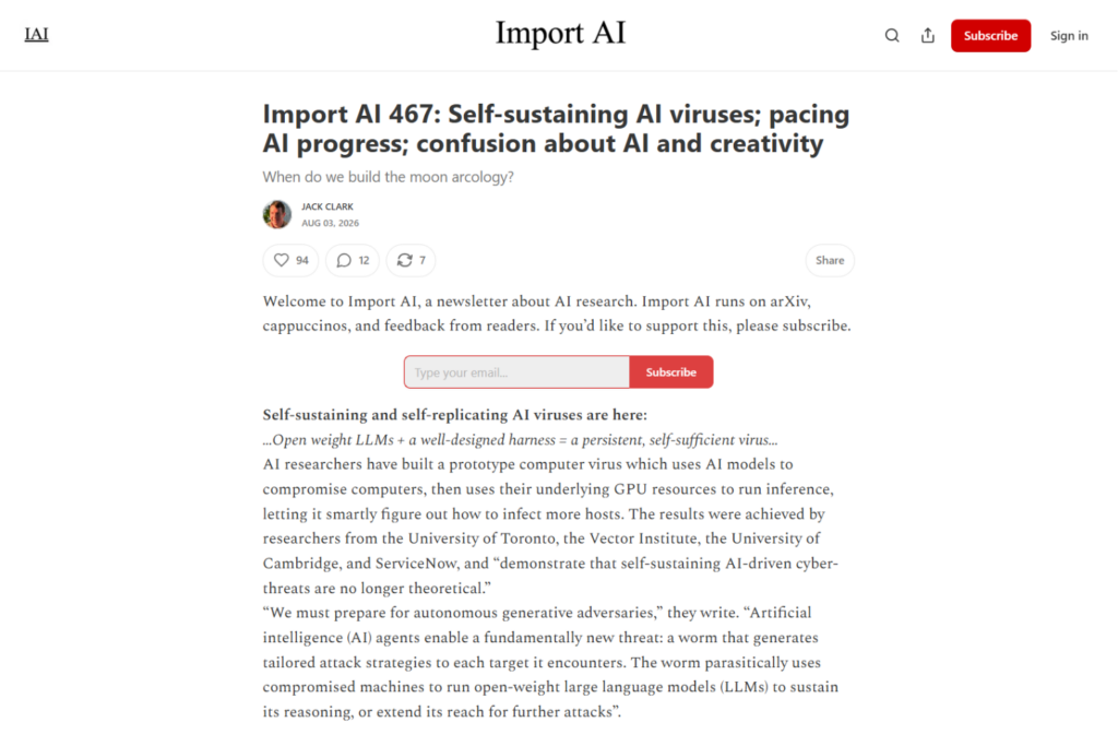 Import AI newsletter article page on Substack