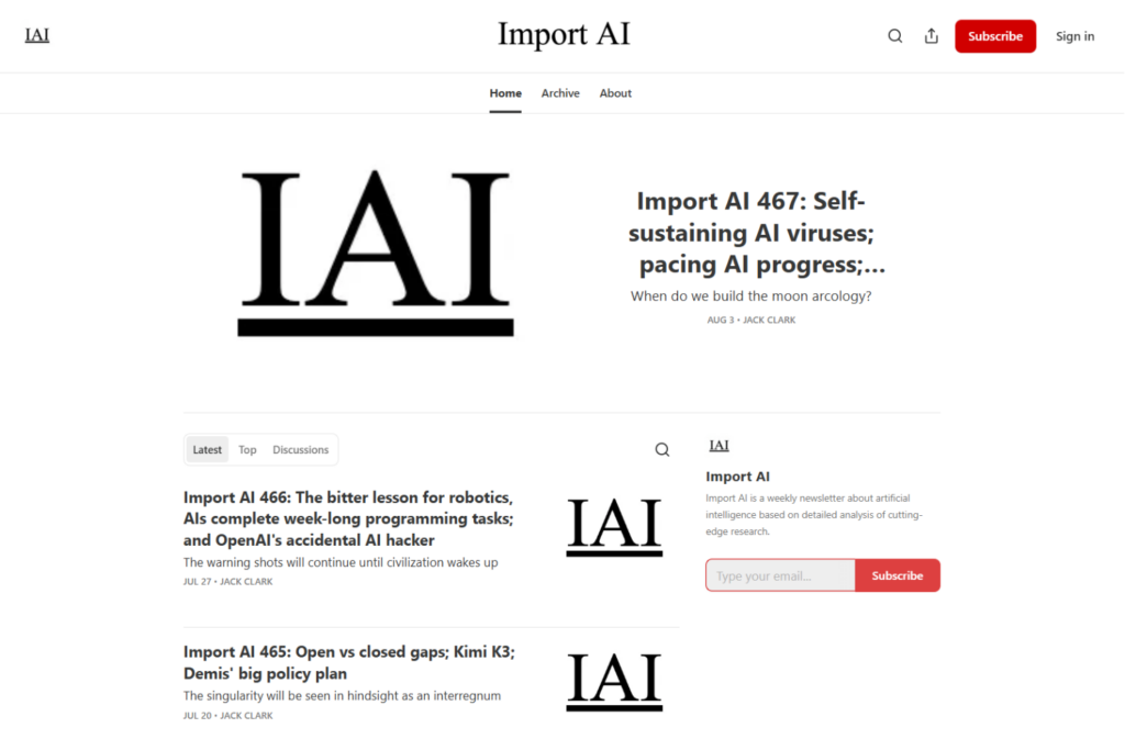 Import-AI-Startseite mit aktuellen KI-Newsletterausgaben und Anmeldeformular