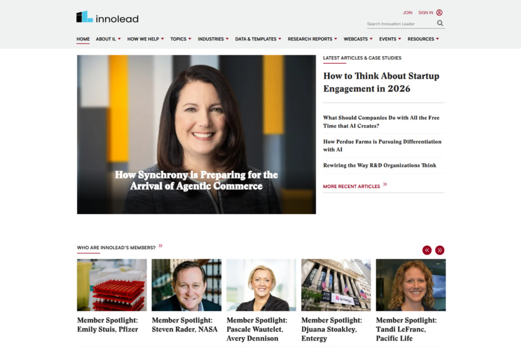 InnoLead-Startseite mit Artikeln zu Innovationen, Fallstudien und Porträts von Mitgliedern