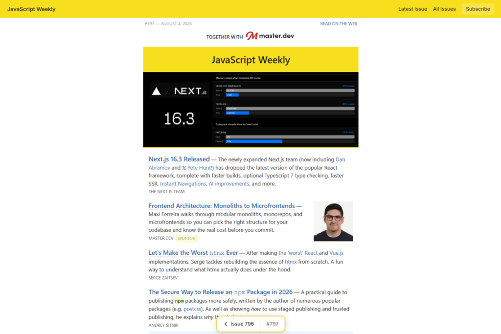 JavaScript Weekly issue featuring Next.js 16.3 and web development articles