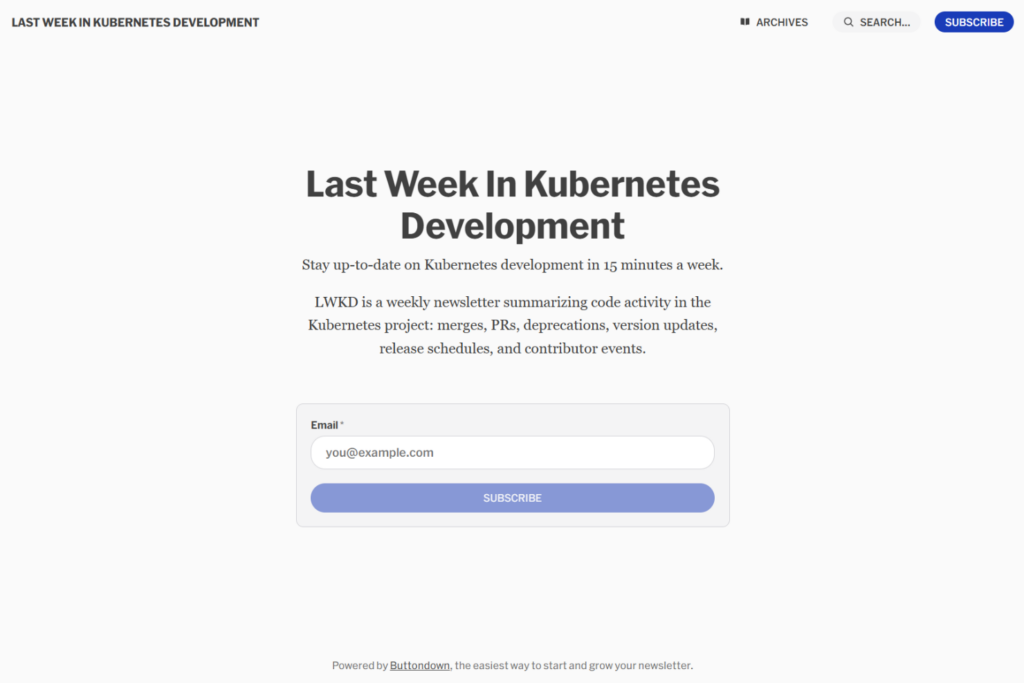 LWKD homepage with newsletter signup for weekly Kubernetes development updates