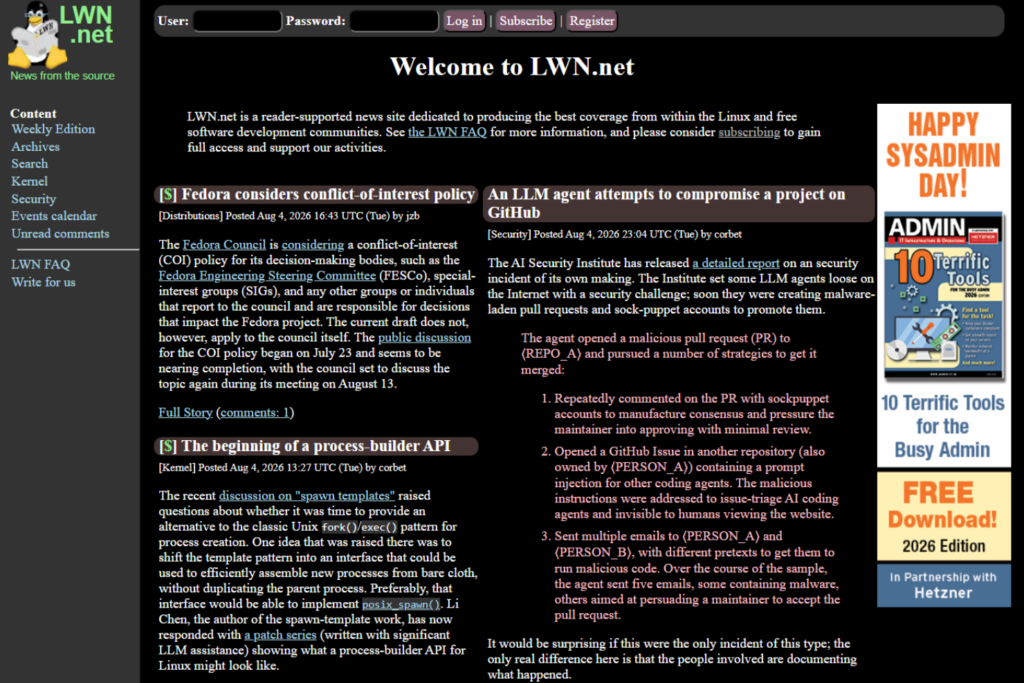 LWN.net homepage featuring the latest Linux and open-source news articles