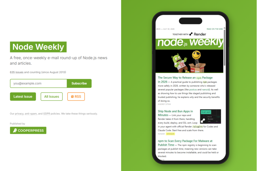 Node Weekly subscription page with a preview of the latest Node.js newsletter issue