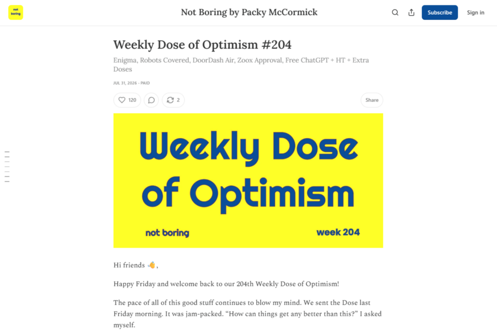 Artikel-Seite von Not Boring von Packy McCormick mit dem Newsletter Weekly Dose of Optimism