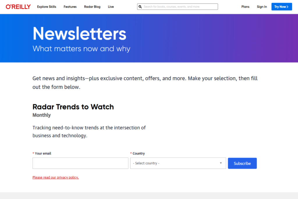 O'Reilly newsletter signup page