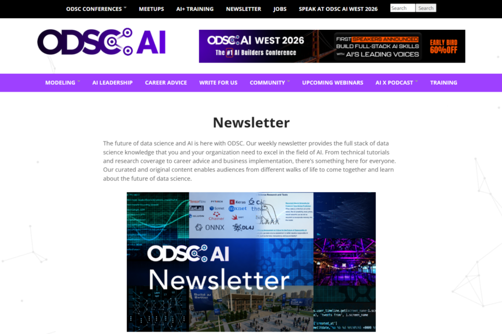 ODSC Newsletter page featuring AI and data science updates