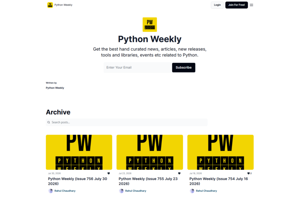 Python Weekly homepage with signup form and archive of recent issues