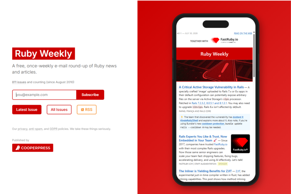 Ruby Weekly subscription page alongside a preview of a recent newsletter issue